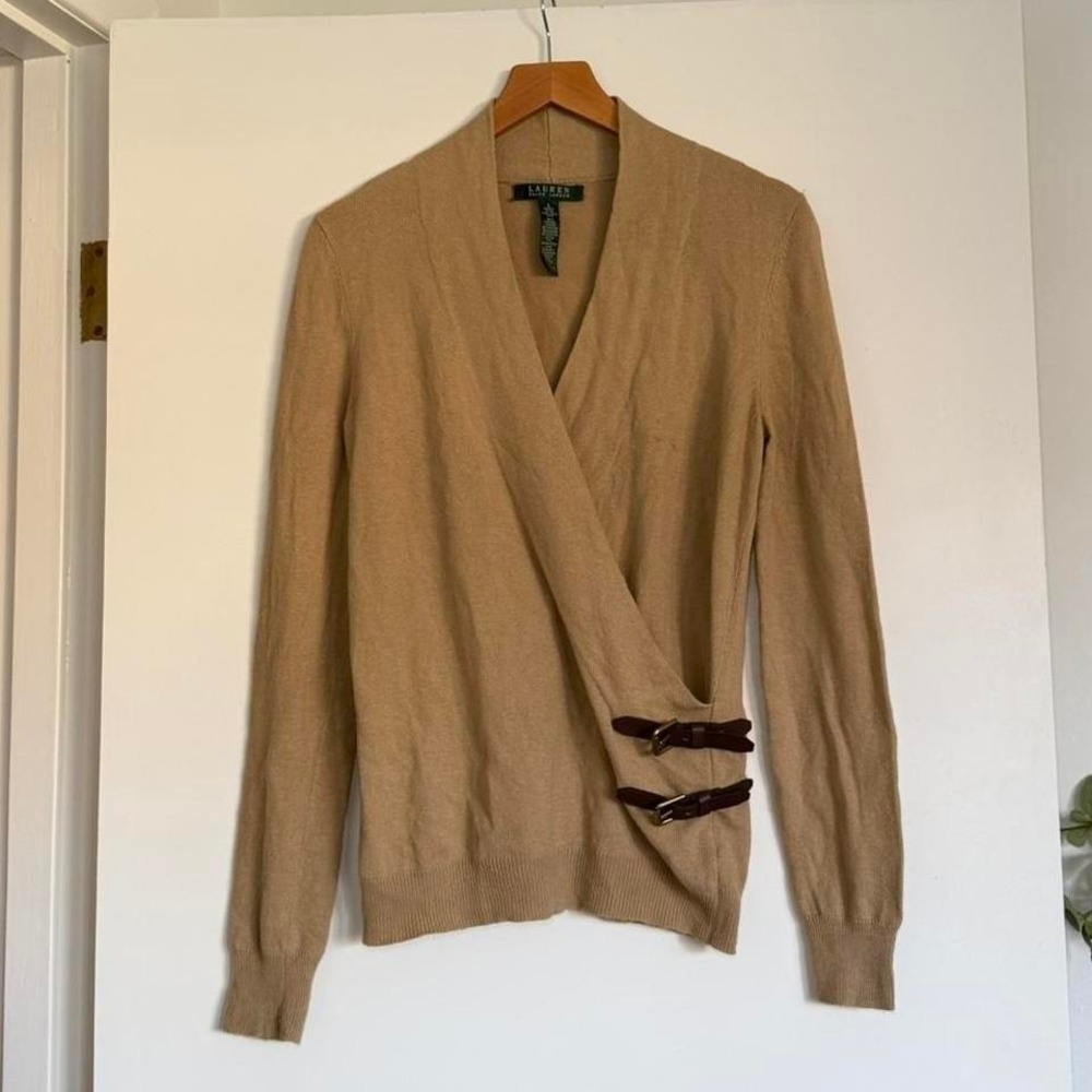 Lauren Ralph Lauren Camel Wrap Cardigan Sweater | Buckle Detail | Size S